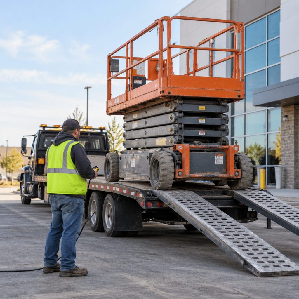 Equipment towing crew securing a compact loader in Green Valley Ranch - CO before transport